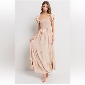 36 Boho Solid Flared Sleeve Long Tiered Dress